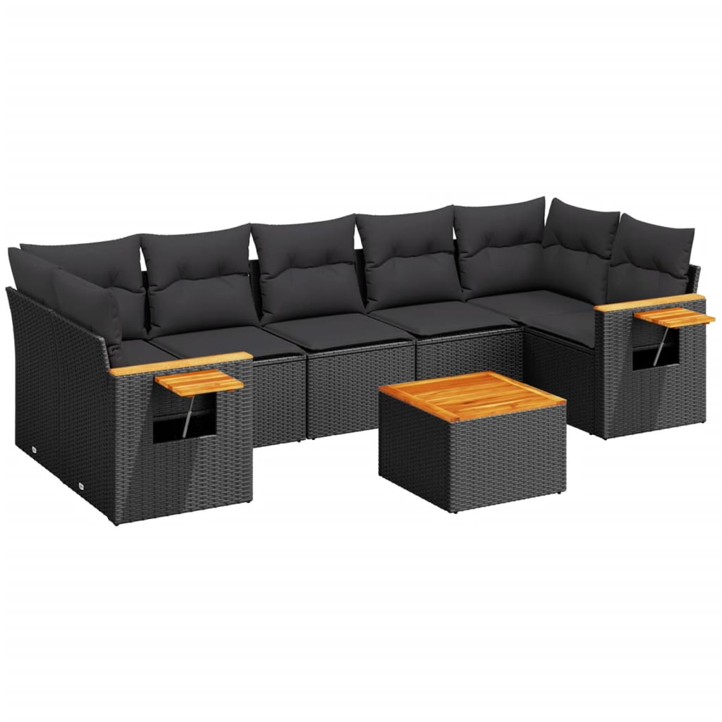 Salon de jardin 8 pcs avec coussins noir résine tressée