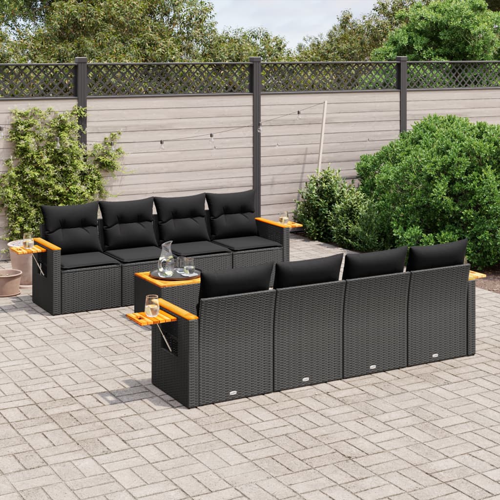 Salon de jardin 9 pcs avec coussins noir résine tressée