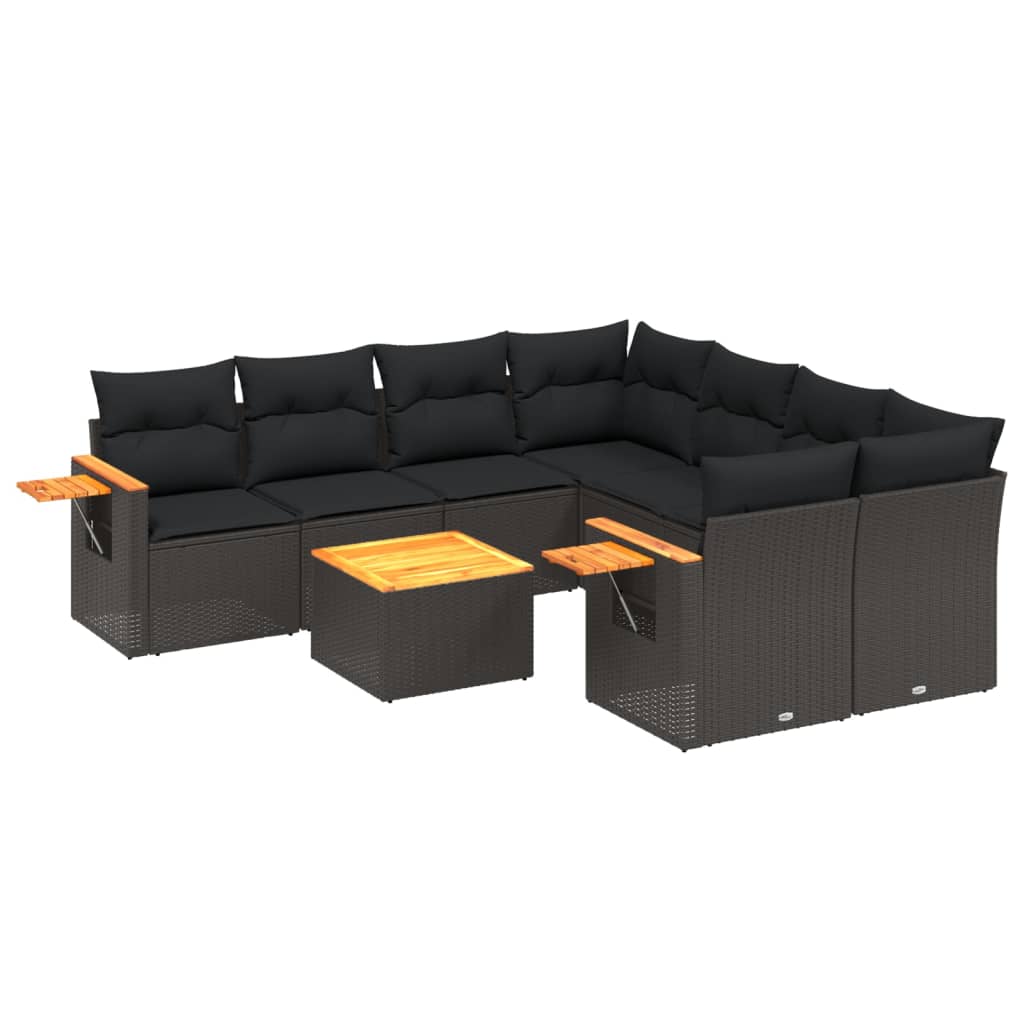 Salon de jardin 9 pcs avec coussins noir résine tressée