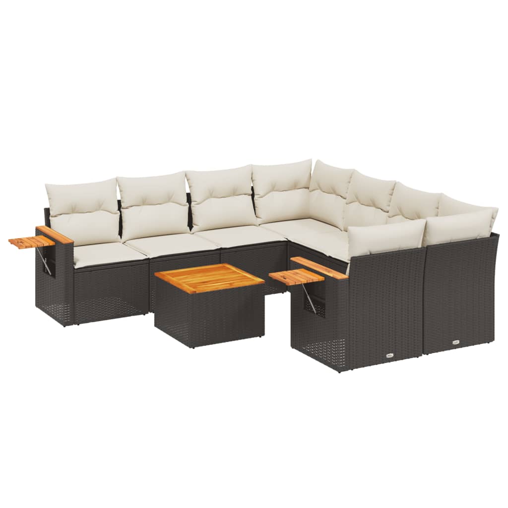 Salon de jardin 9 pcs avec coussins noir résine tressée