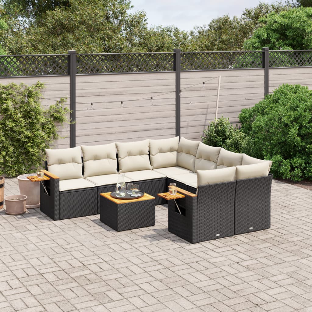 Salon de jardin 9 pcs avec coussins noir résine tressée