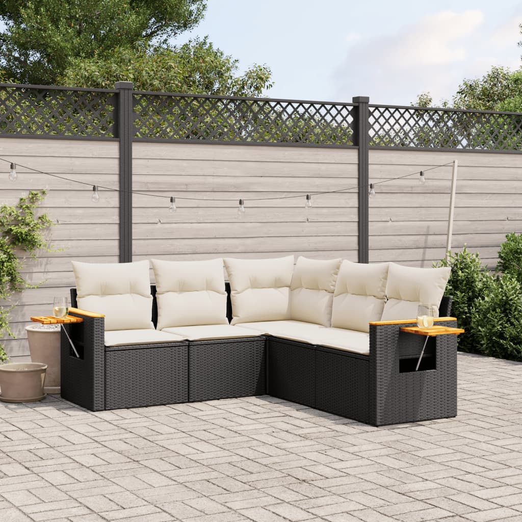 Salon de jardin 5 pcs avec coussins noir résine tressée