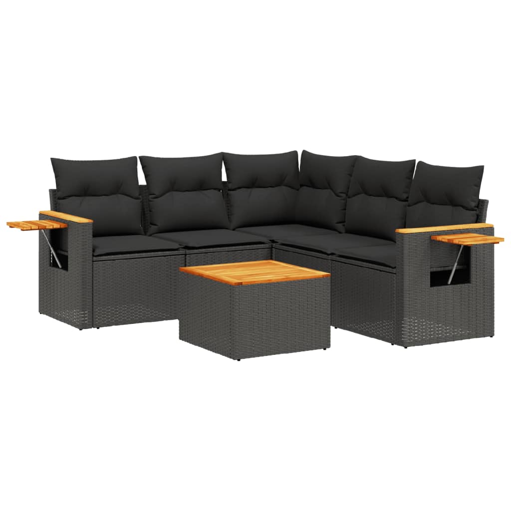 Salon de jardin 6 pcs avec coussins noir résine tressée