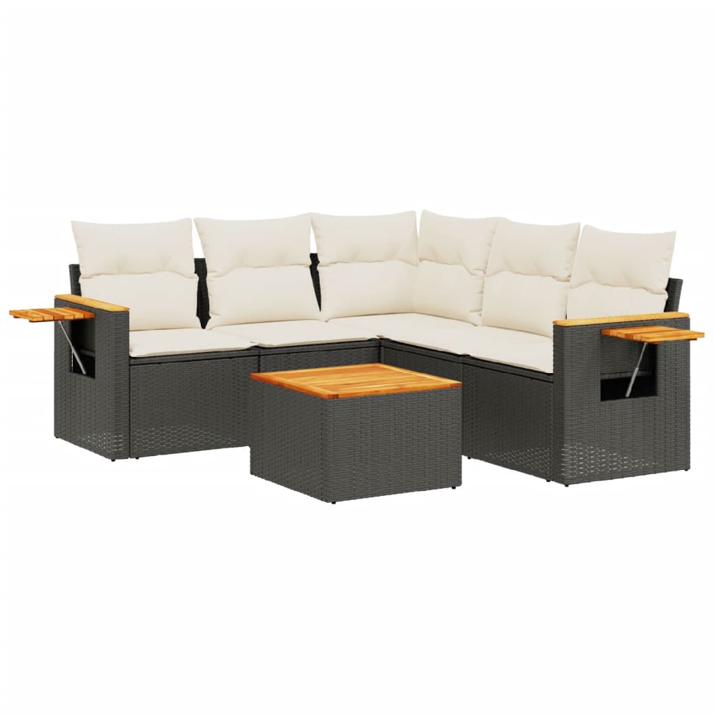 Salon de jardin 6 pcs avec coussins noir résine tressée