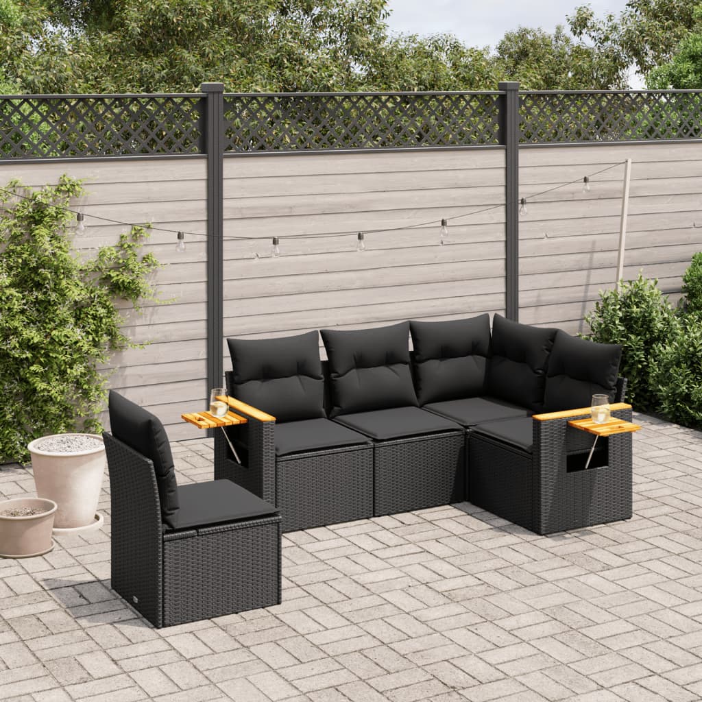 Salon de jardin 5 pcs avec coussins noir résine tressée
