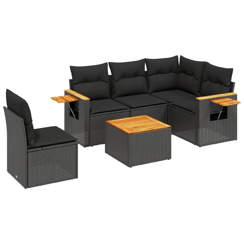 Salon de jardin 6 pcs avec coussins noir résine tressée