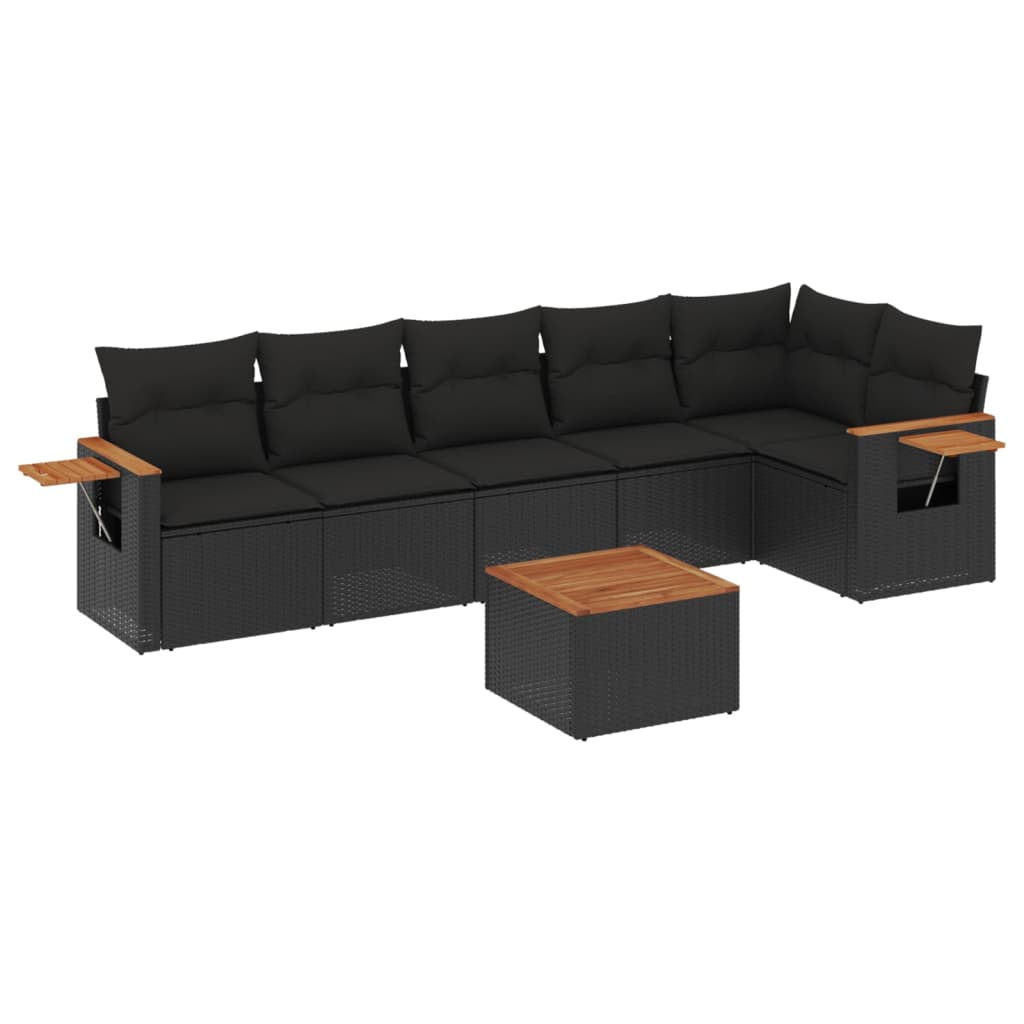 Salon de jardin 7 pcs avec coussins noir résine tressée