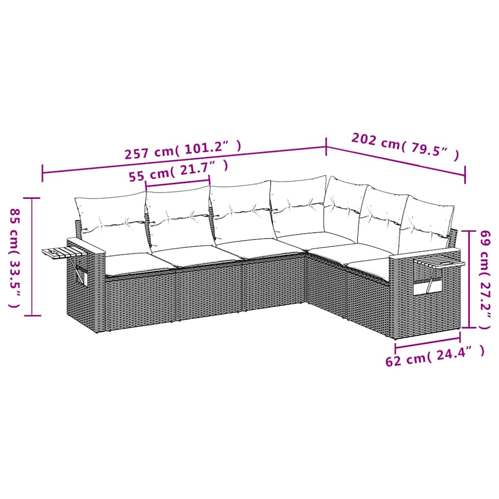 Salon de jardin 6 pcs avec coussins noir résine tressée