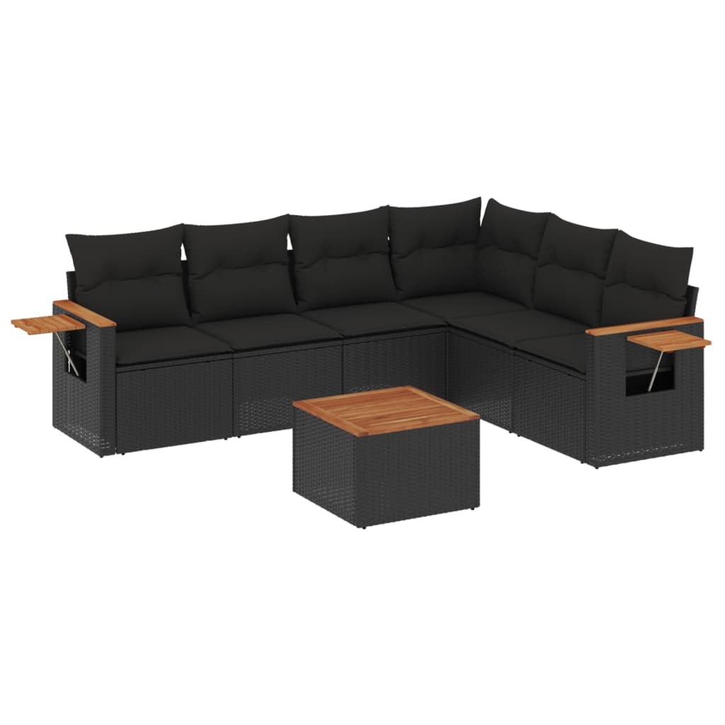 Salon de jardin 7 pcs avec coussins noir résine tressée