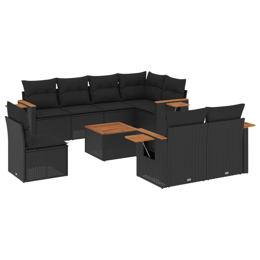 Salon de jardin 9 pcs avec coussins noir résine tressée