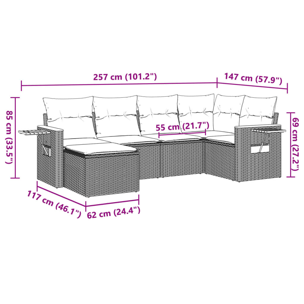 Salon de jardin 6 pcs avec coussins noir résine tressée