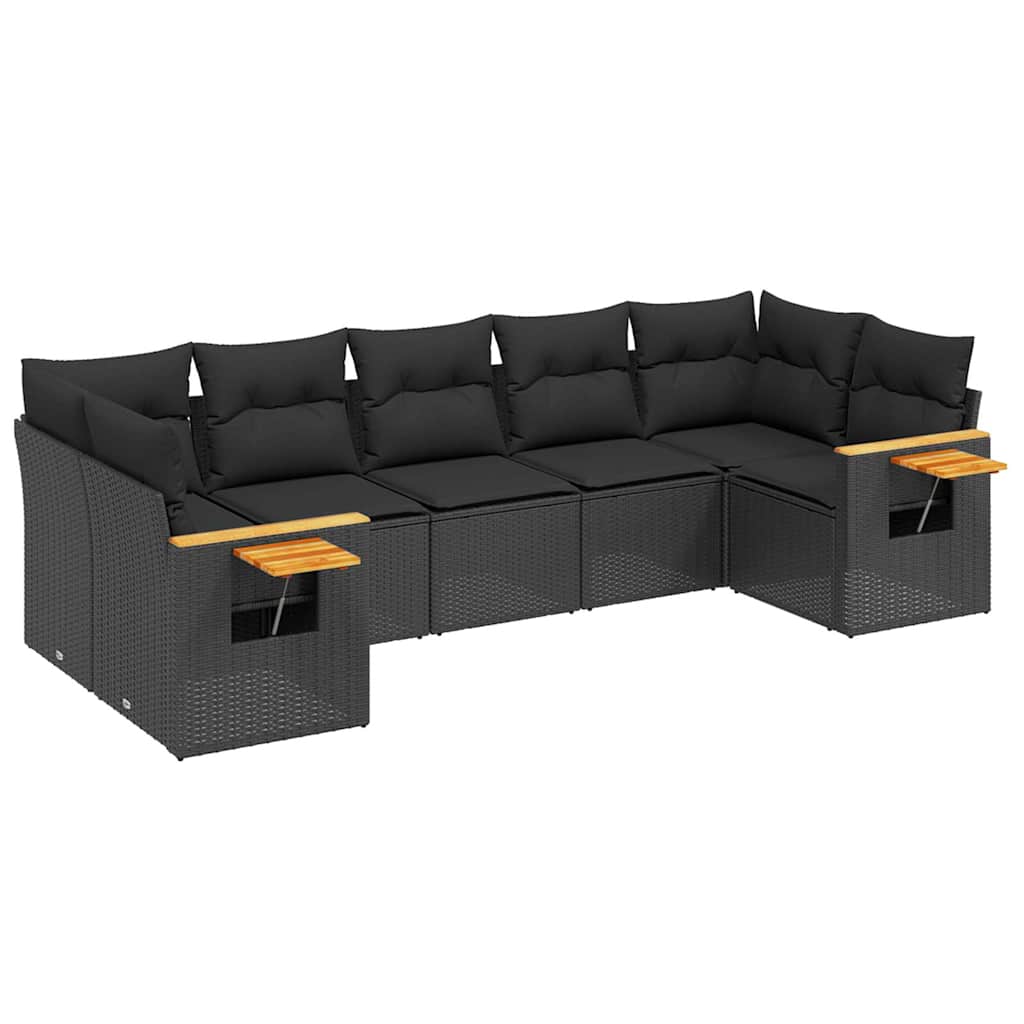 Salon de jardin 7 pcs avec coussins noir résine tressée