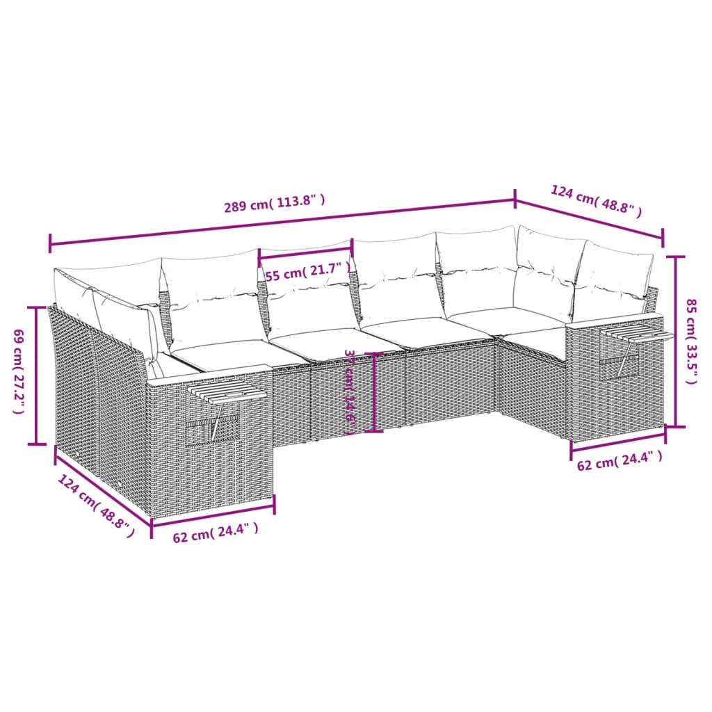 Salon de jardin avec coussins 7 pcs gris résine tressée