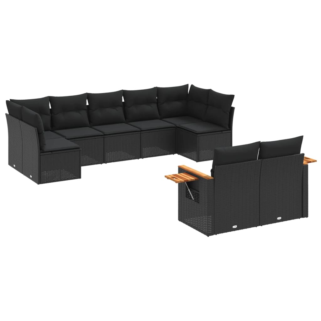 Salon de jardin 9 pcs avec coussins noir résine tressée