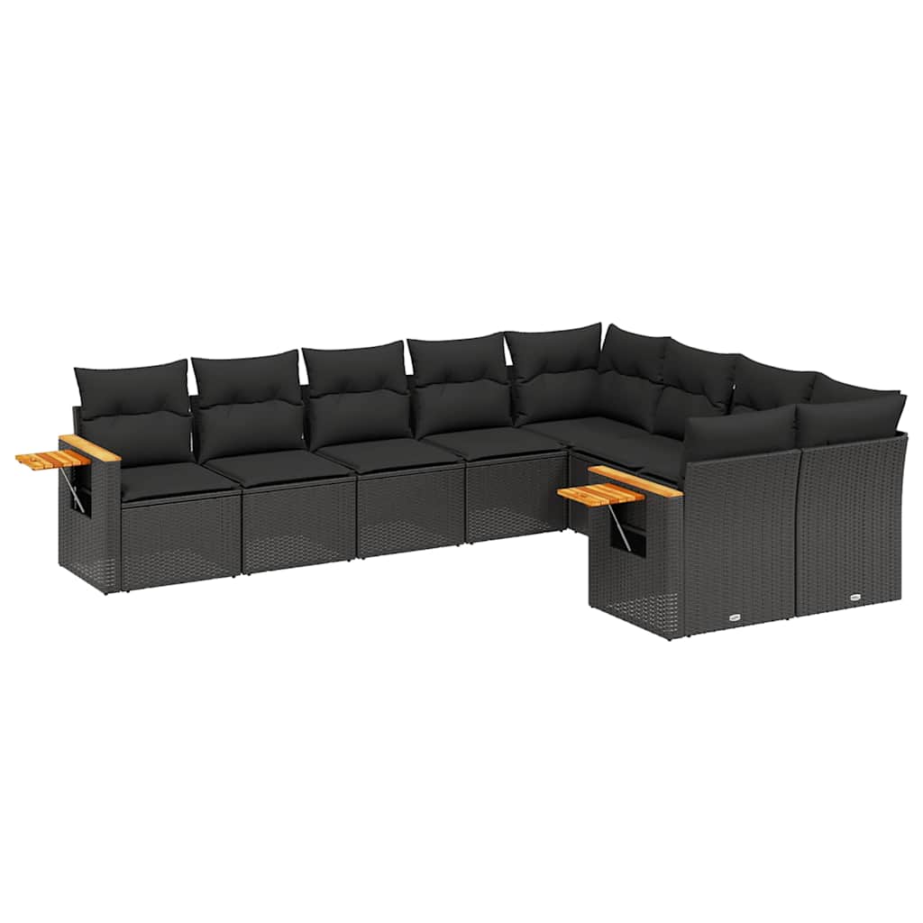 Salon de jardin 9 pcs avec coussins noir résine tressée