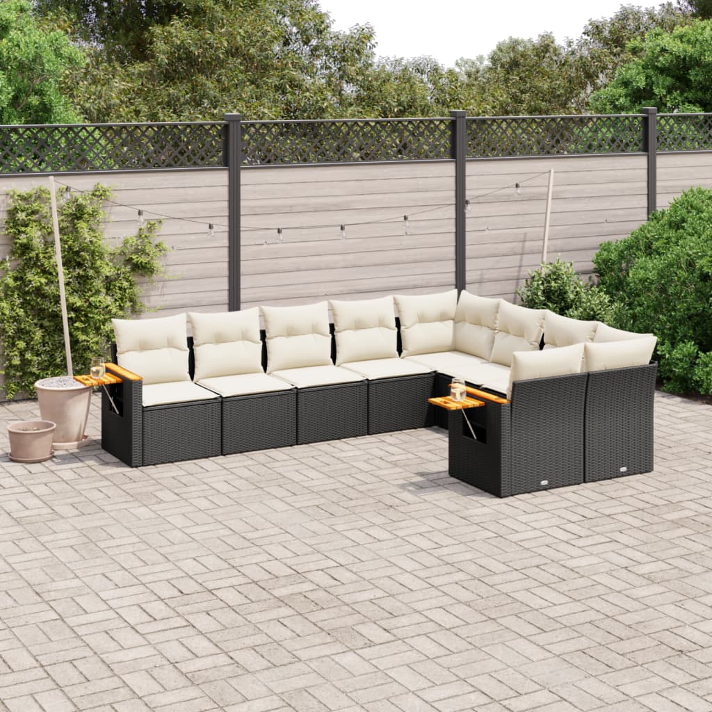 Salon de jardin 9 pcs avec coussins noir résine tressée