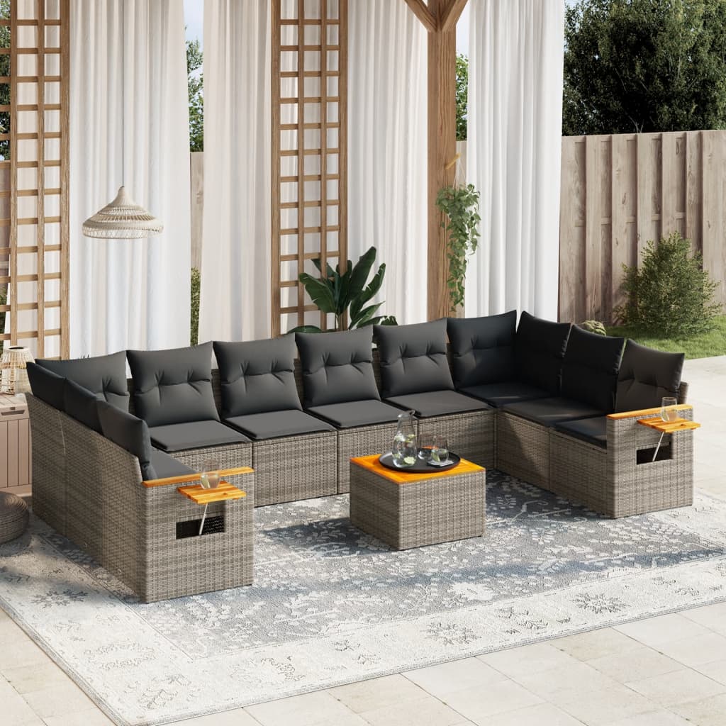 Salon de jardin 11 pcs avec coussins gris résine tressée