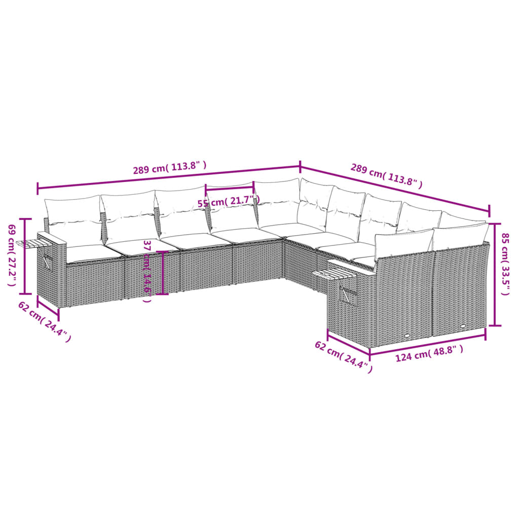 Salon de jardin avec coussins 10 pcs beige résine tressée