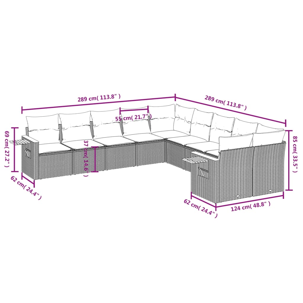 Salon de jardin avec coussins 10 pcs gris résine tressée
