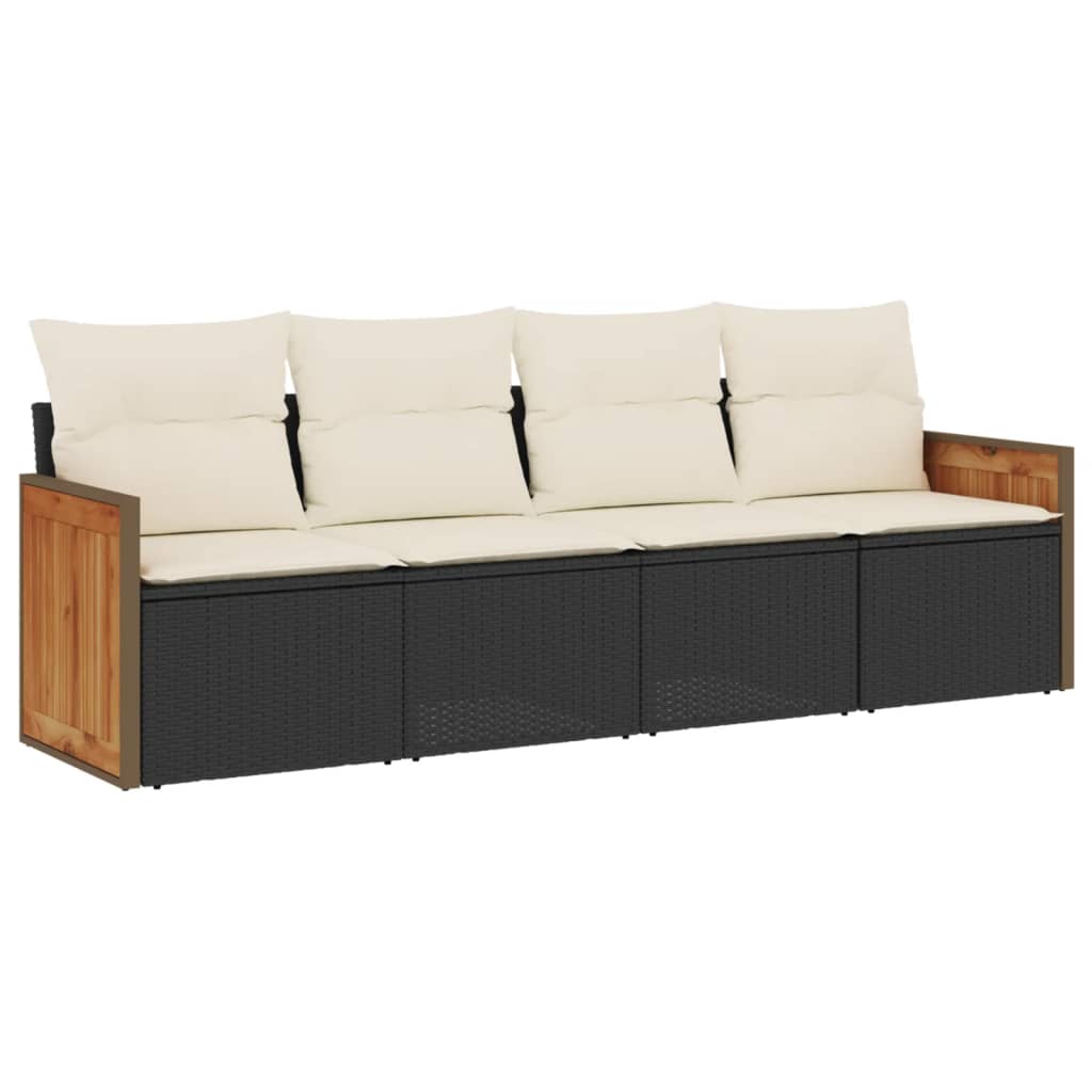 Salon de jardin 4 pcs avec coussins noir résine tressée