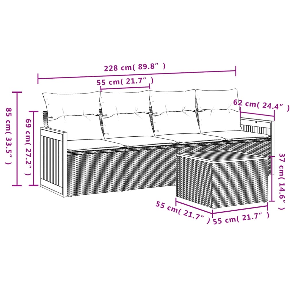 Salon de jardin 5 pcs avec coussins gris résine tressée