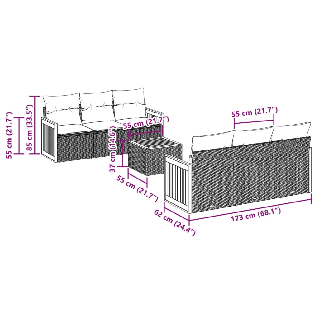 Salon de jardin avec coussins 7 pcs gris résine tressée