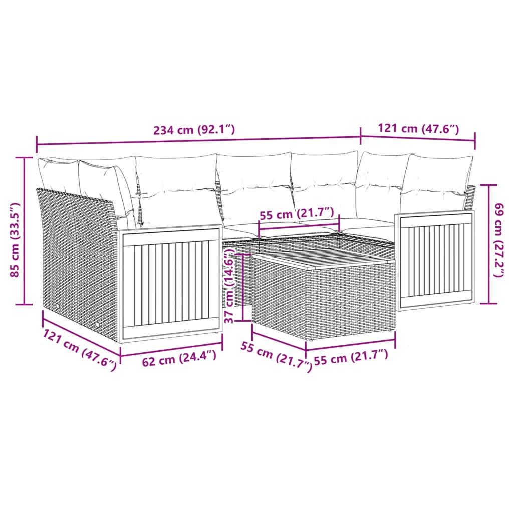 Salon de jardin avec coussins 7 pcs gris résine tressée