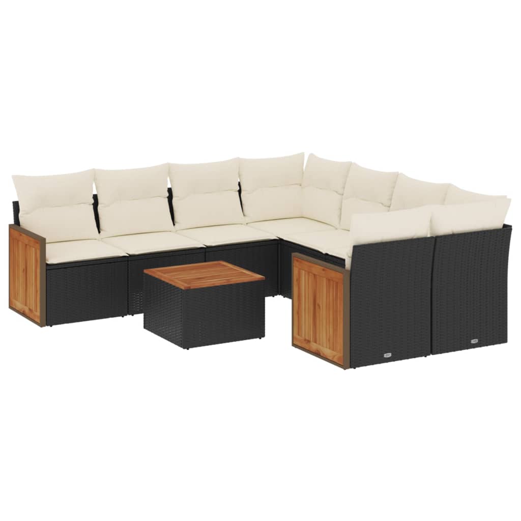 Salon de jardin 9 pcs avec coussins noir résine tressée