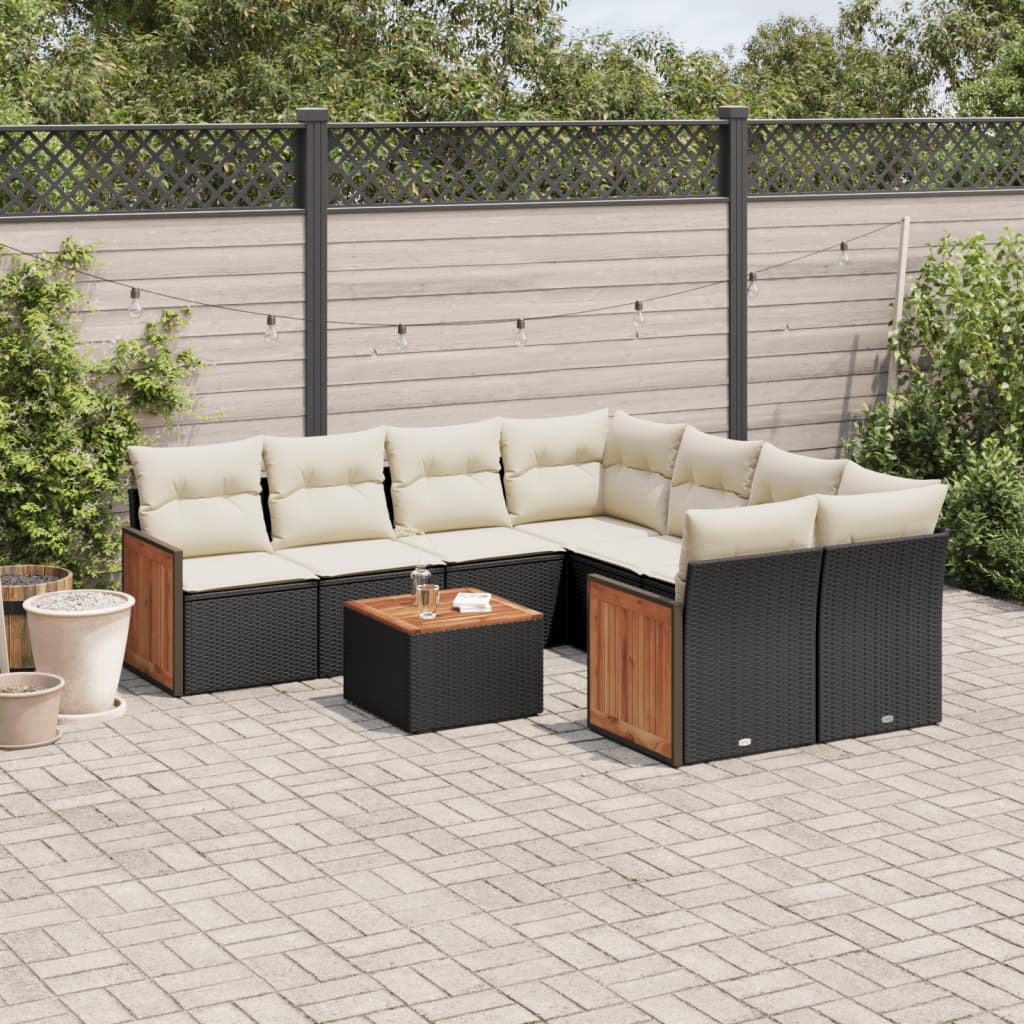 Salon de jardin 9 pcs avec coussins noir résine tressée