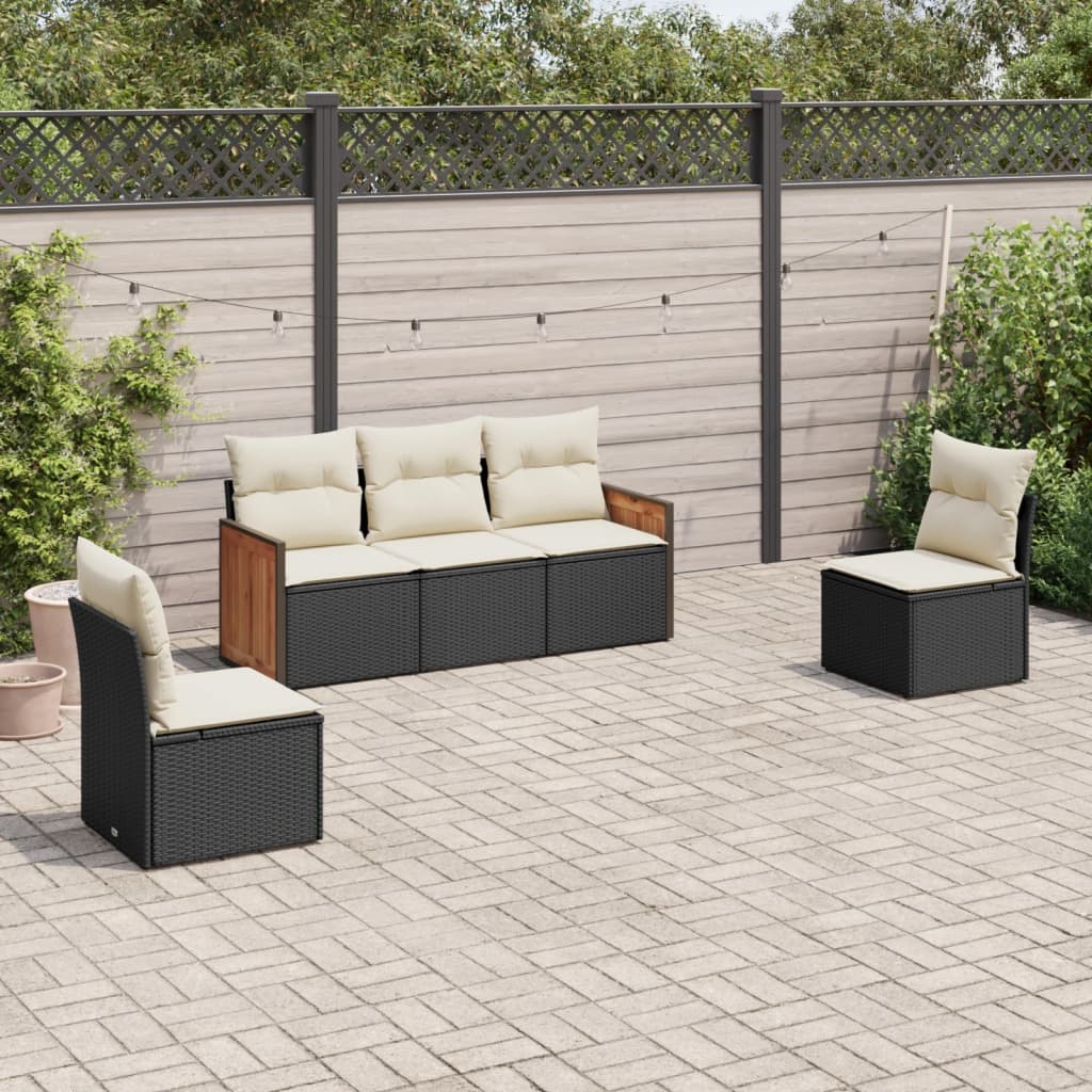 Salon de jardin 5 pcs avec coussins noir résine tressée