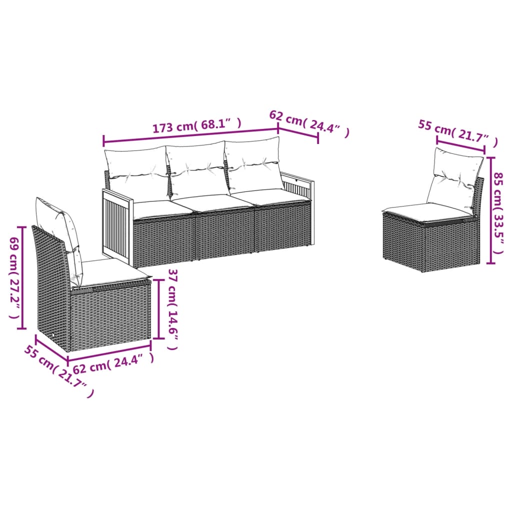 Salon de jardin 5 pcs avec coussins gris résine tressée