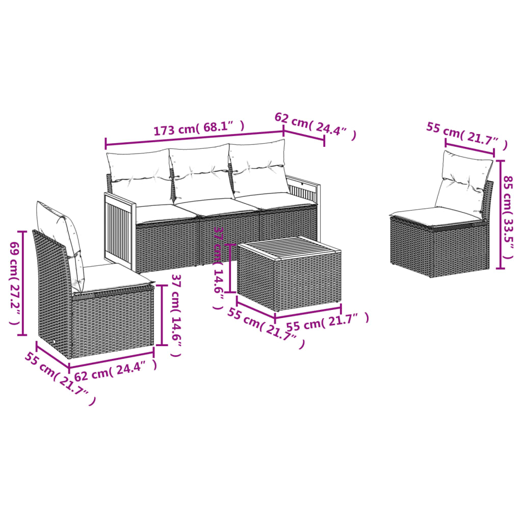 Salon de jardin 6 pcs avec coussins gris résine tressée