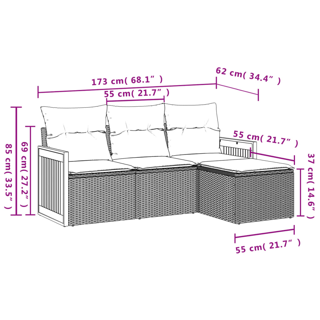 Salon de jardin 4 pcs avec coussins noir résine tressée