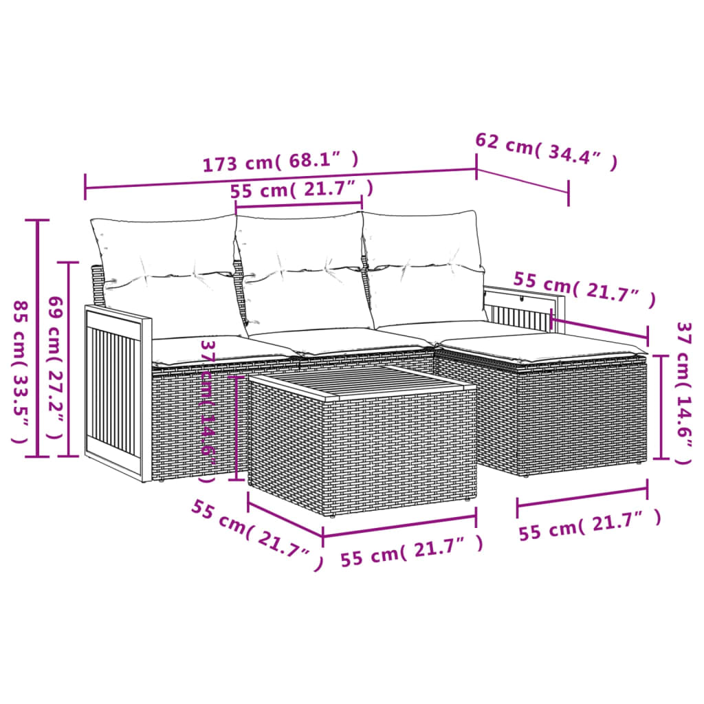 Salon de jardin avec coussins 5 pcs beige résine tressée