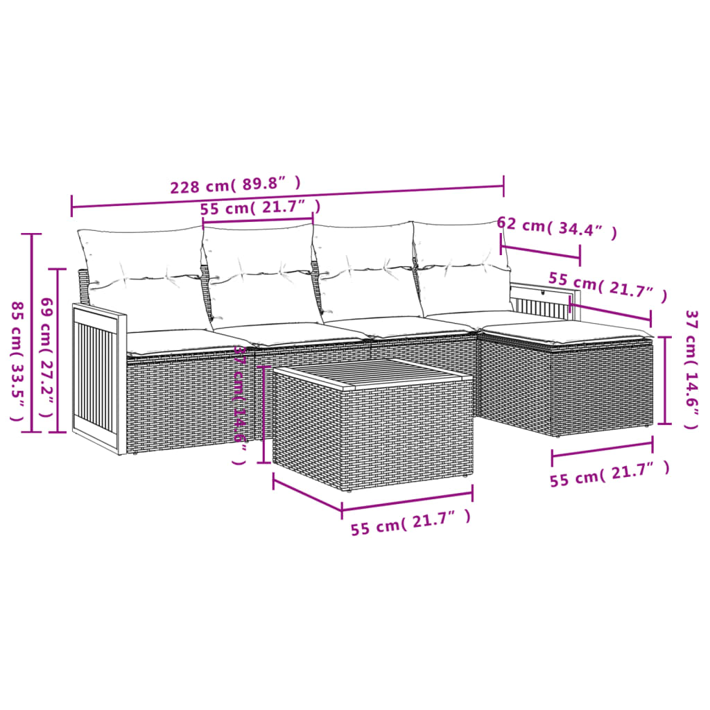 Salon de jardin 6 pcs avec coussins gris résine tressée