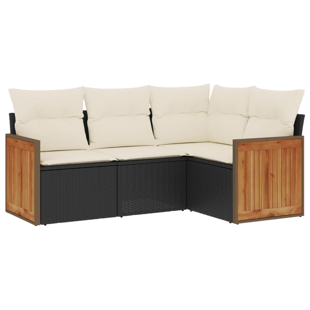 Salon de jardin 4 pcs avec coussins noir résine tressée