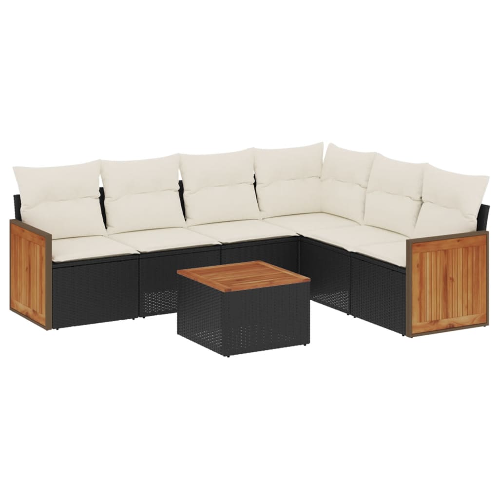 Salon de jardin 7 pcs avec coussins noir résine tressée