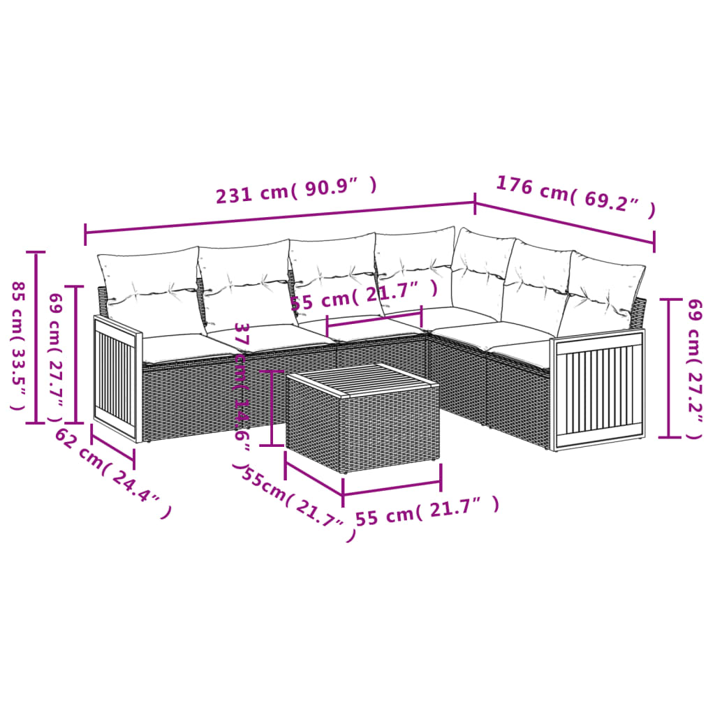 Salon de jardin 7 pcs avec coussins noir résine tressée