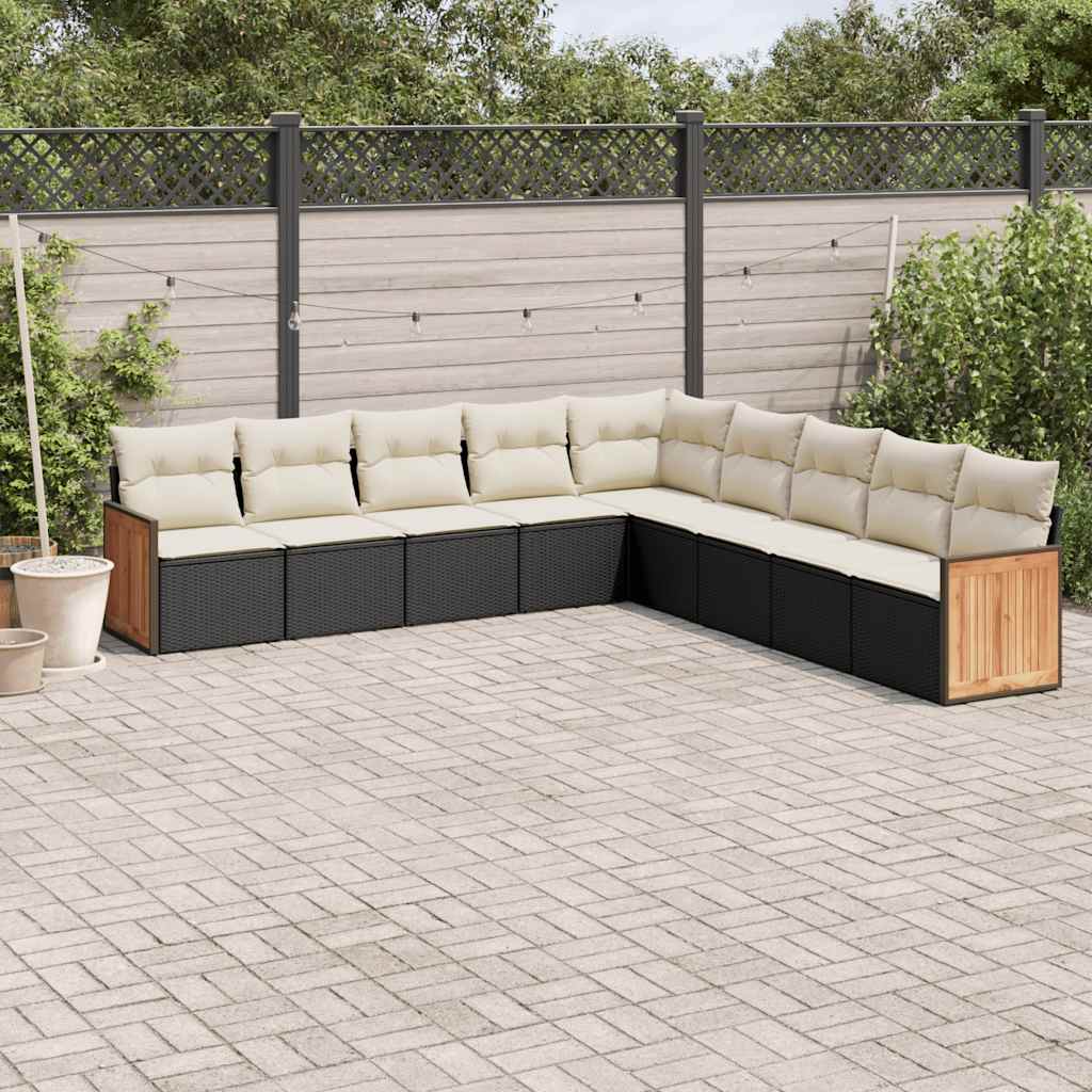 Salon de jardin 9 pcs avec coussins noir résine tressée