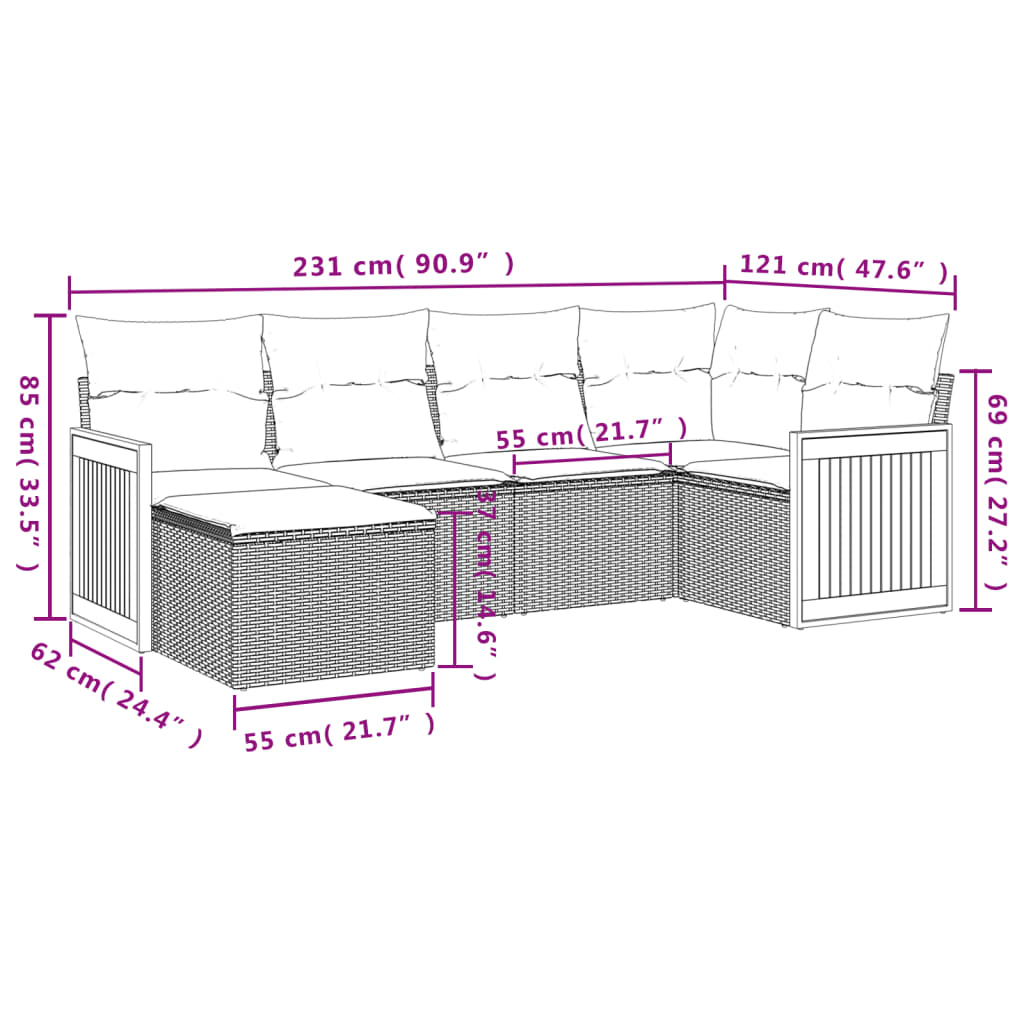 Salon de jardin 6 pcs avec coussins noir résine tressée