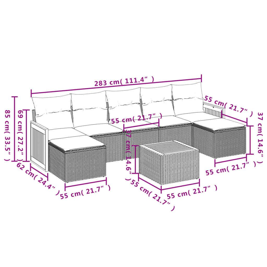 Salon de jardin 8 pcs avec coussins gris résine tressée