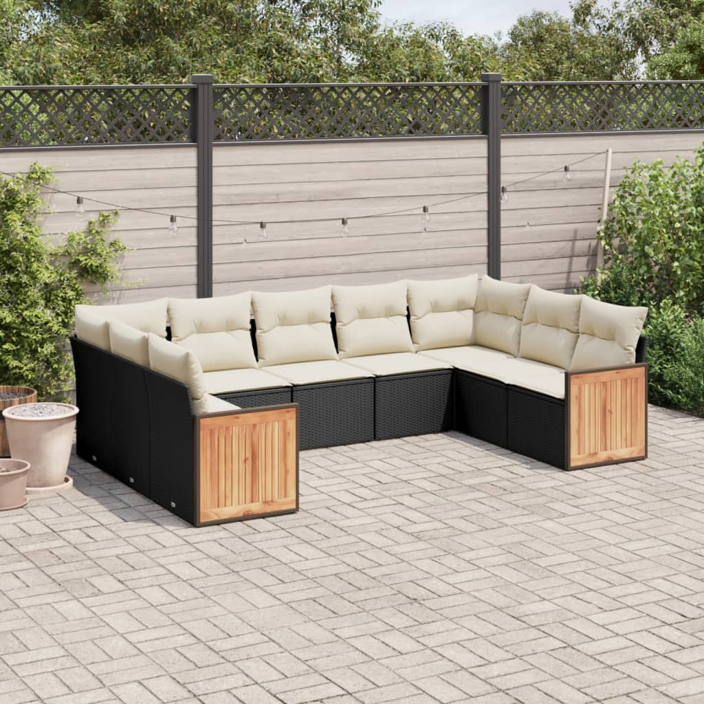 Salon de jardin 9 pcs avec coussins noir résine tressée