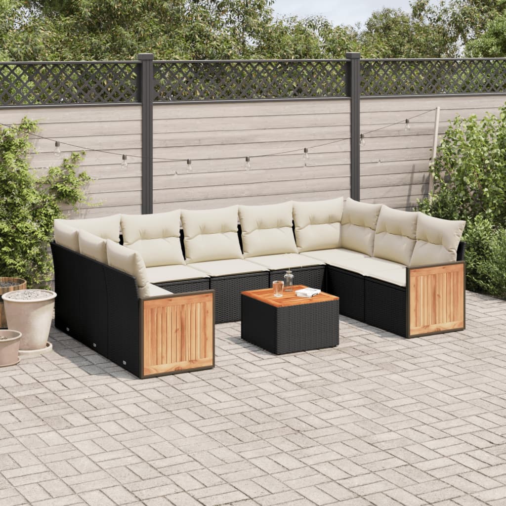 Salon de jardin 10 pcs avec coussins noir résine tressée