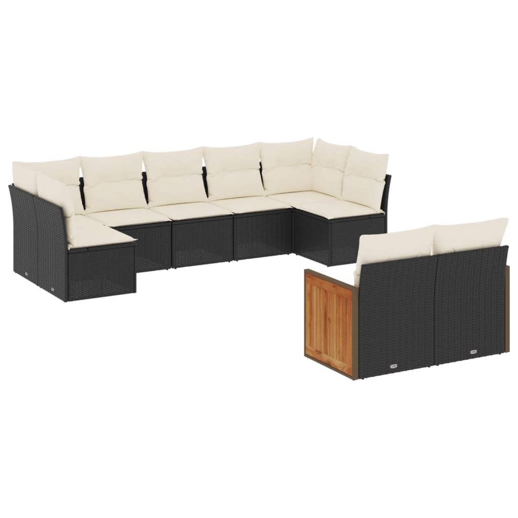 Salon de jardin 9 pcs avec coussins noir résine tressée