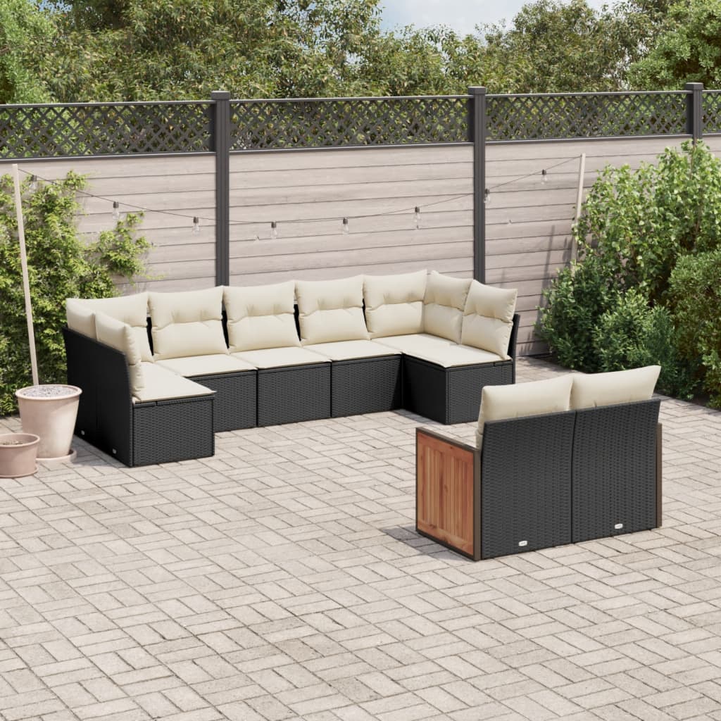 Salon de jardin 9 pcs avec coussins noir résine tressée
