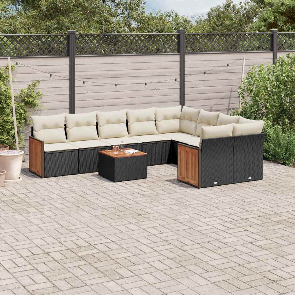 Salon de jardin 10 pcs avec coussins noir résine tressée