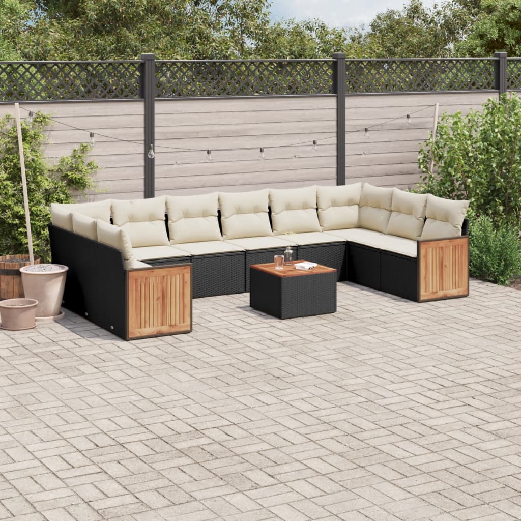 Salon de jardin 11 pcs avec coussins noir résine tressée