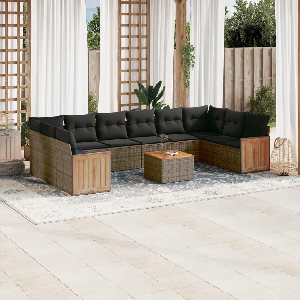 Salon de jardin 11 pcs avec coussins gris résine tressée