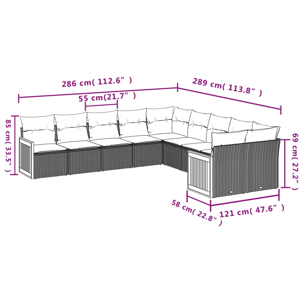 Salon de jardin avec coussins 10 pcs beige résine tressée