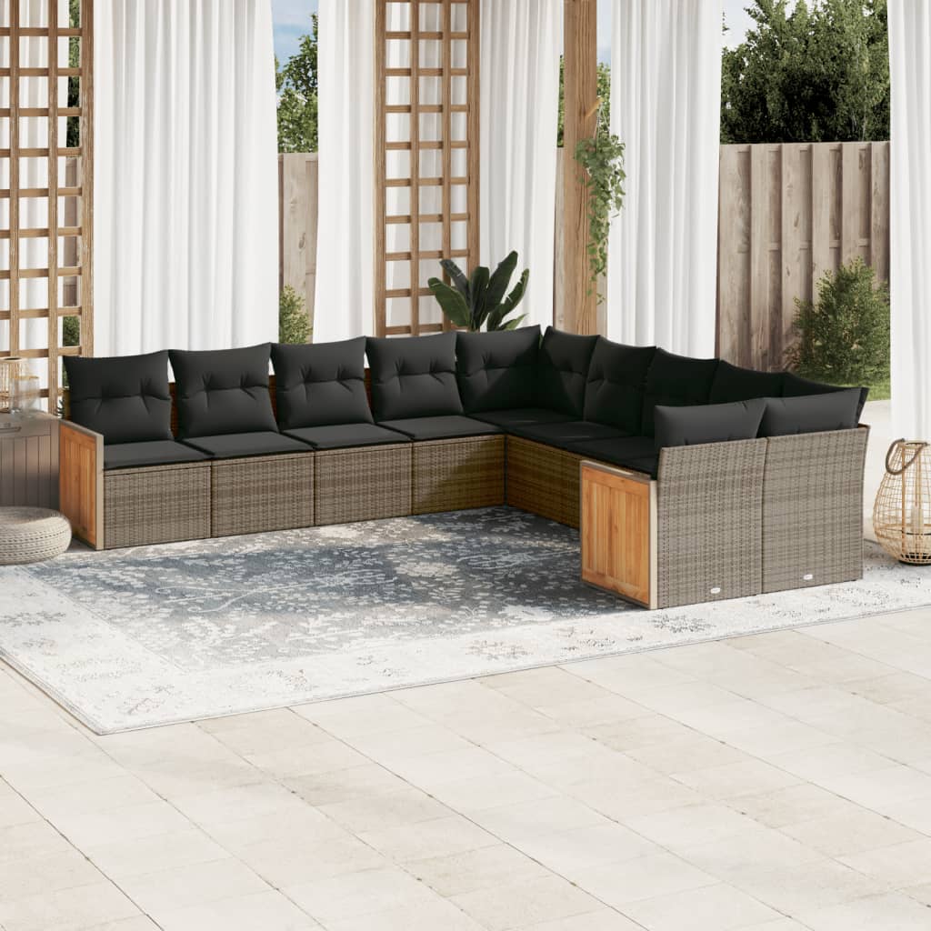 Salon de jardin avec coussins 10 pcs gris résine tressée